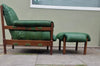 Mid century modern German green leather lounge chair and stool