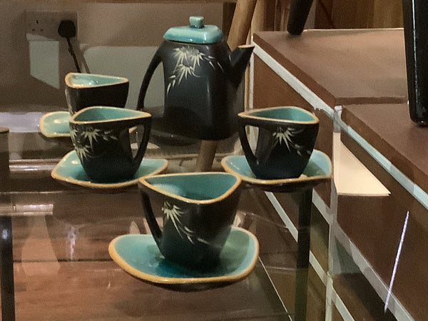Vietnamese Bat Trang Tea set with Scraffito Bamboo Design