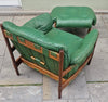 Mid century modern German green leather lounge chair and stool