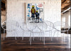 vintage mid-century white "Atomic Hoop" garden chairs.