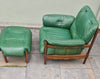 Mid century modern German green leather lounge chair and stool