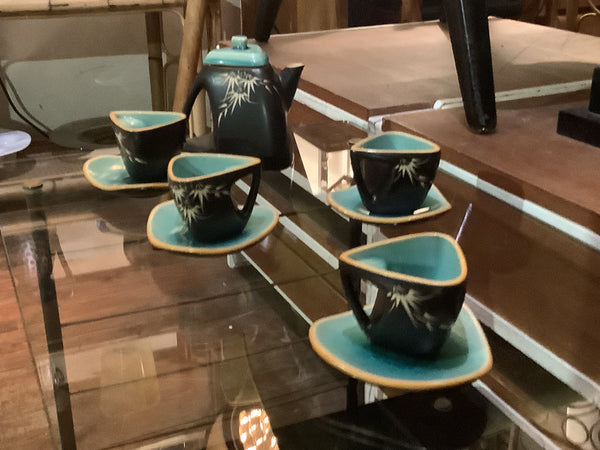 Vietnamese Bat Trang Tea set with Scraffito Bamboo Design