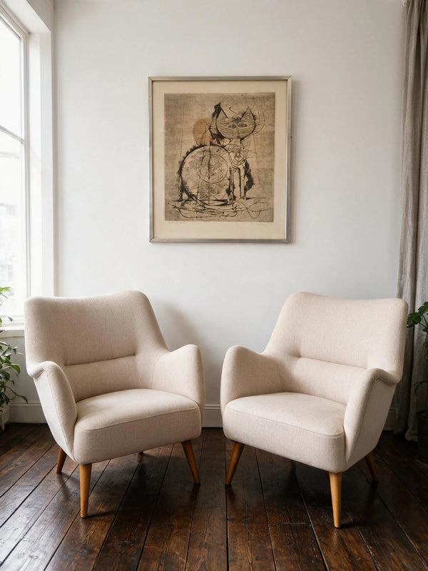 etching by artist Johnny Friedlaender titled Chat au Soleil from 1955