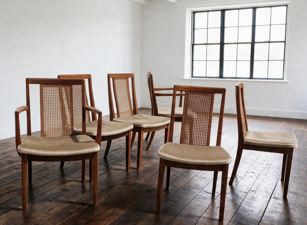 6x G Plan Mcm Teak & Bergere Cane / Wicker Dining Chairs 1970s
