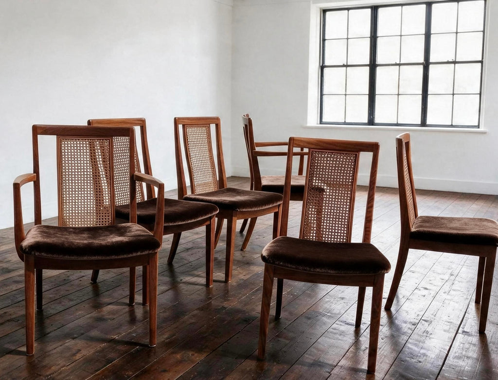 6x G Plan Mcm Teak & Bergere Cane / Wicker Dining Chairs 1970s