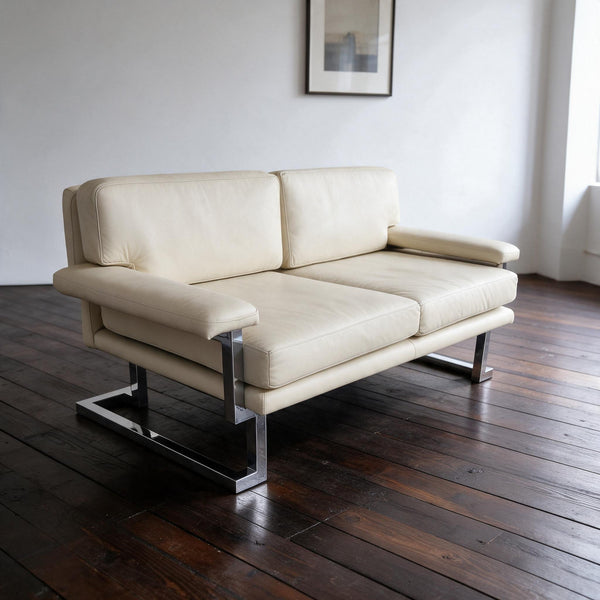 Vintage Pieff Mandarin 2 Seater Cream Leather Sofa Tim Bates 1970s