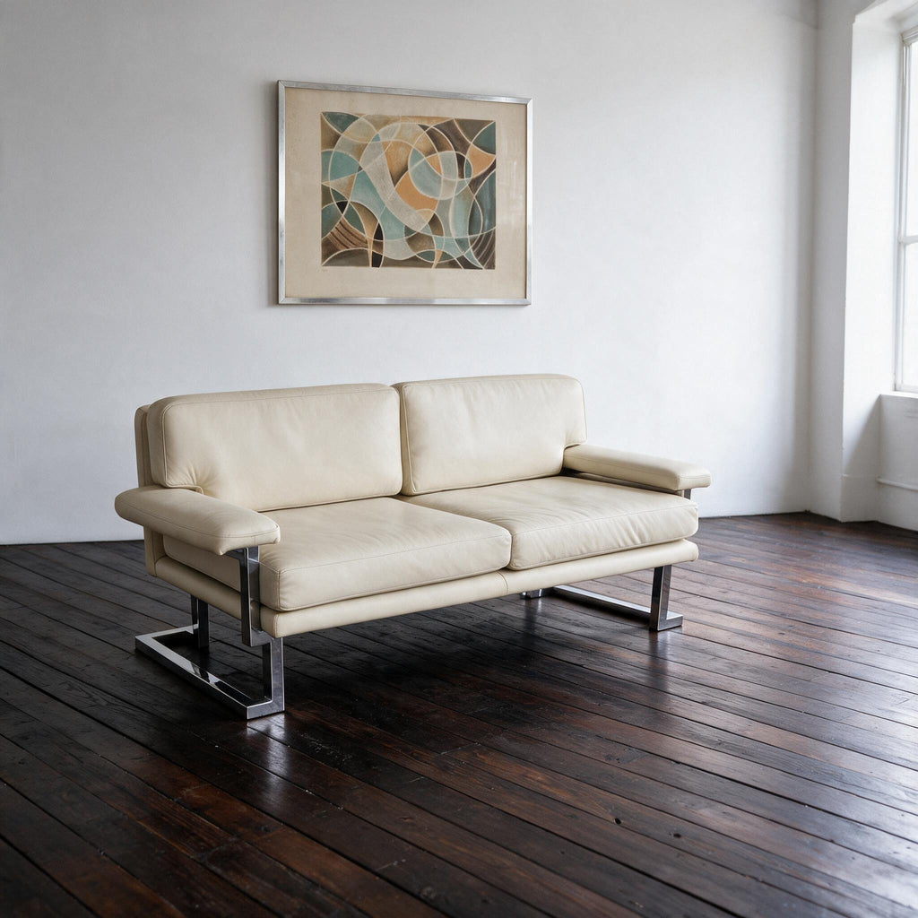 Vintage Pieff Mandarin 2 Seater Cream Leather Sofa Tim Bates 1970s