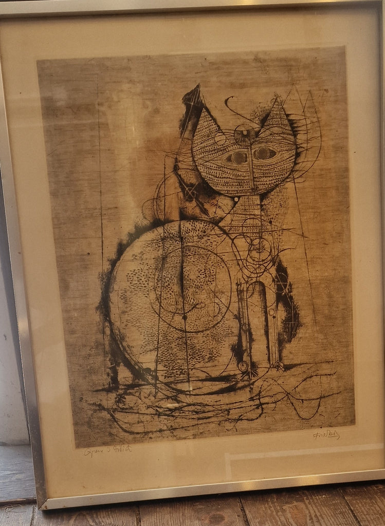 etching by artist Johnny Friedlaender titled Chat au Soleil from 1955