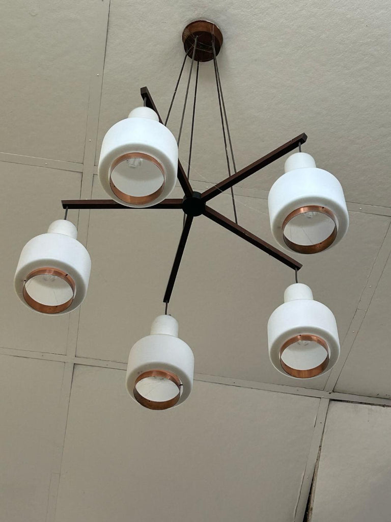 1950's 5 arms opal glass and copper chandelier attribute to Stilnovo