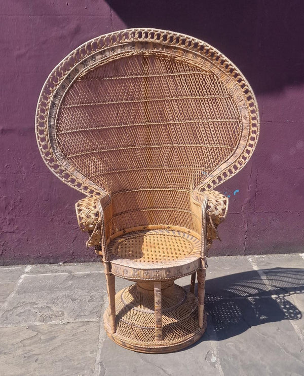 Bohemian Vintage Handcrafted Beige & Black Wicker, Rattan, Reed Peacock Chair