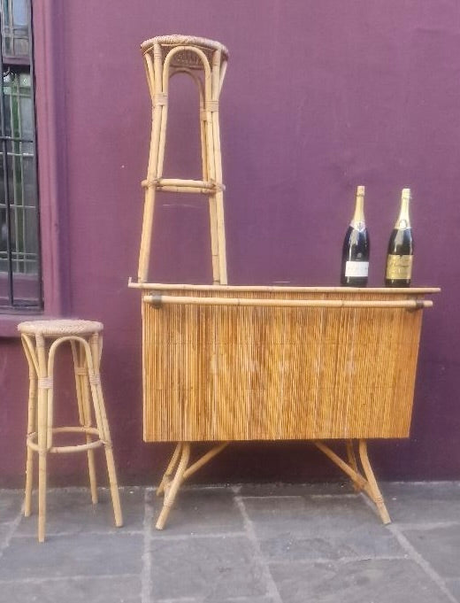 Rattan bamboo bar attributed  Louis Sognot Bar 2 bar chairs