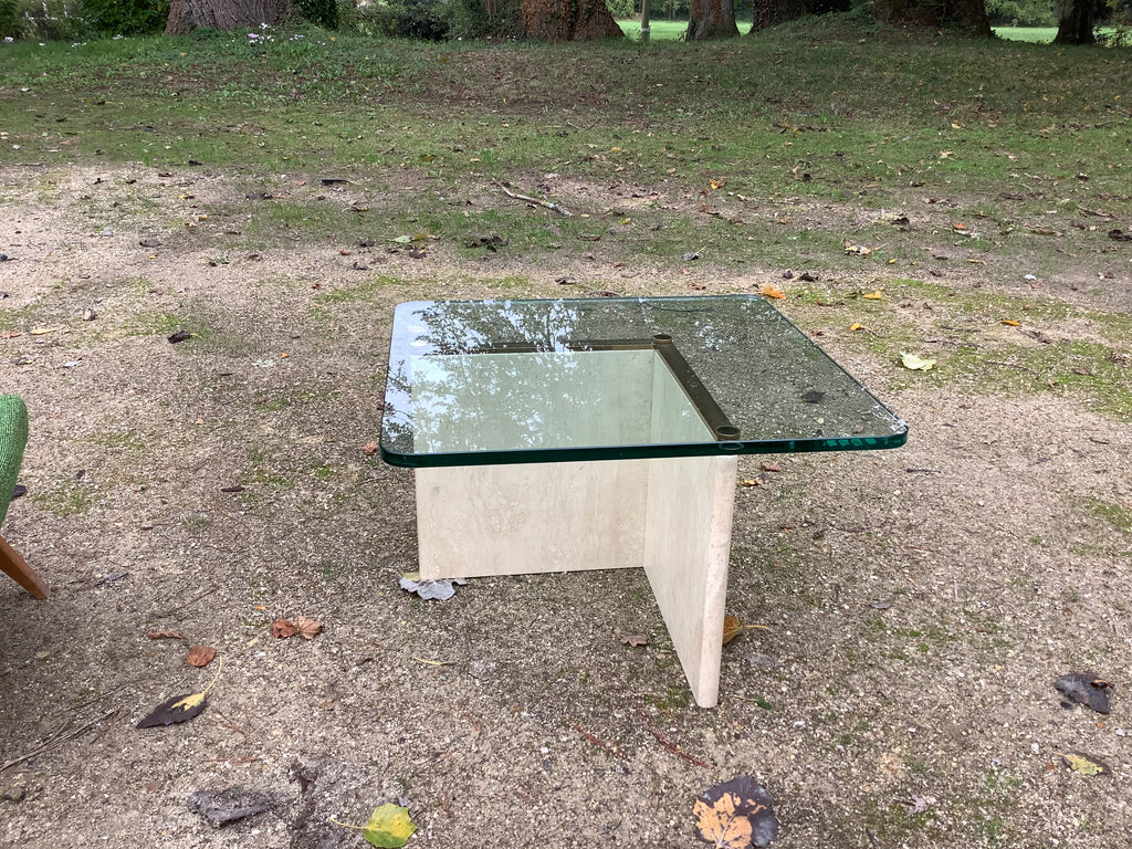SOLD 1970s  Italian Glass and Travertine coffee table