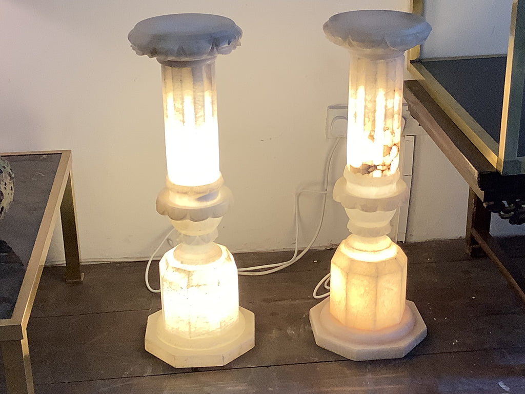 A pair Neoclassical column early 20th century Art Deco Albaster lamps.  SOLD